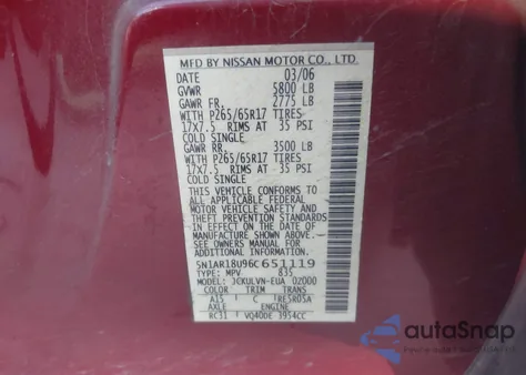2006 Nissan Pathfinder Le z USA, uszkodzony, nr VIN 5N1AR18U96C651119